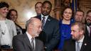 Gov. Tom Wolf and state Rep. Bryan Cutler (R., Lancaster) shook hands after the signing of Act 77. 