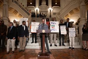 Advocates at a press conference at the state capitol in Harrisburg, Pa.