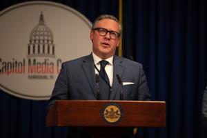 Pennsylvania Acting Secretary of the Commonwealth Al Schmidt holds a press conference at the Capitol in Harrisburg.