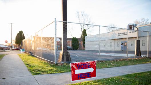 A voting sign is seen in Pennsylvania on Election Day in November 2022. 